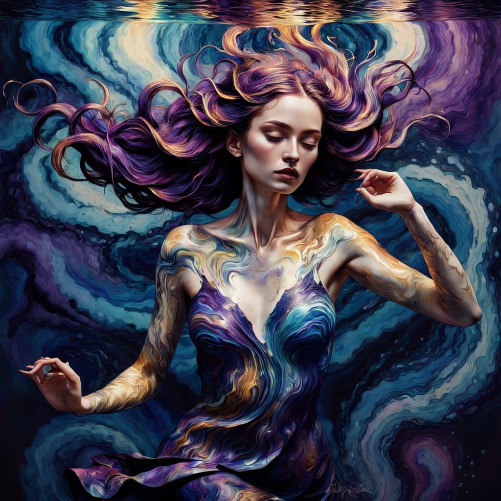 Ethereal Water Goddess with Gasoline Skin and Vorticism-Insp...