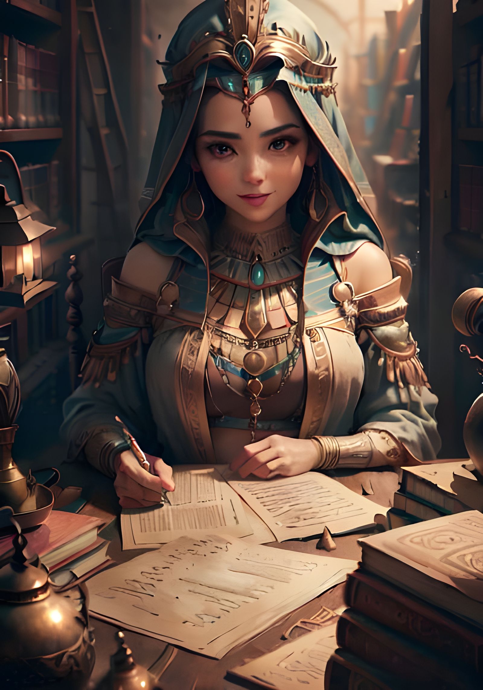 Ancient Egyptian Woman Writing in Library