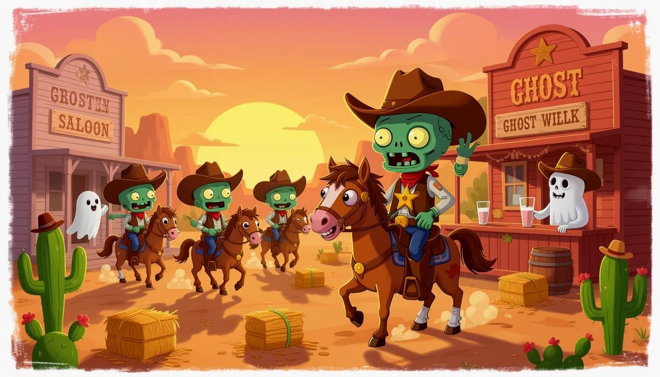 Whimsical Western Town With Adorable Zombies at Sunset