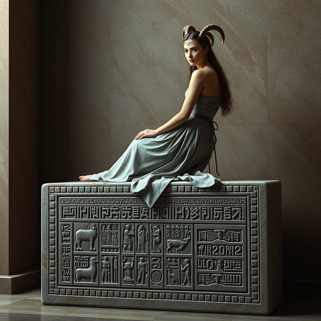 Faun Woman on Engraved Marble Block, Hyperrealistic