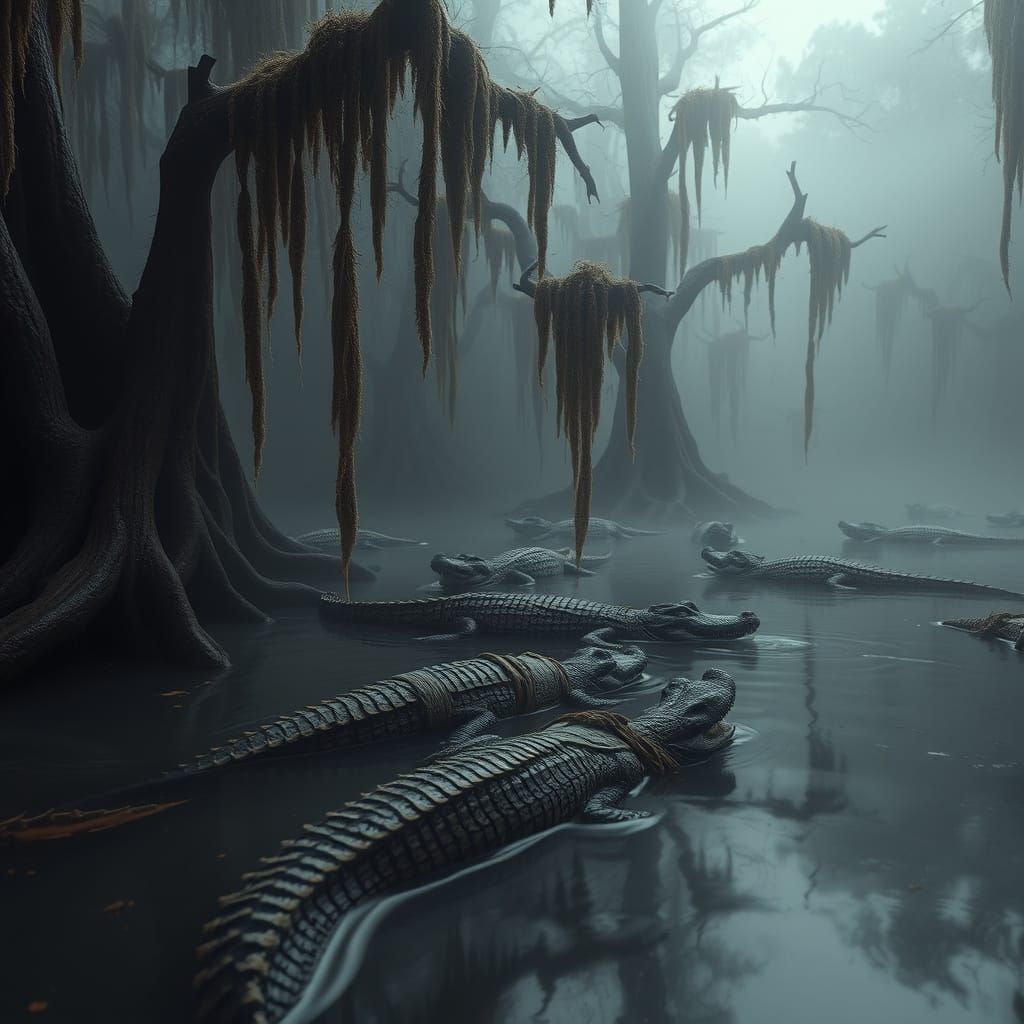 Misty Cypress Swamp with Twisted Trees and Mummified Bodies