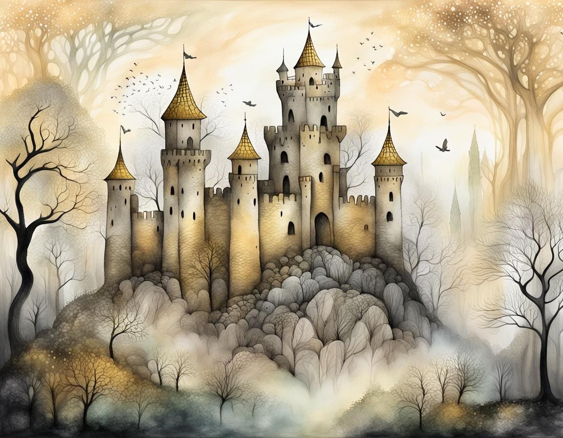 Misty Forest Fortress in Whimsical Fine Art Style