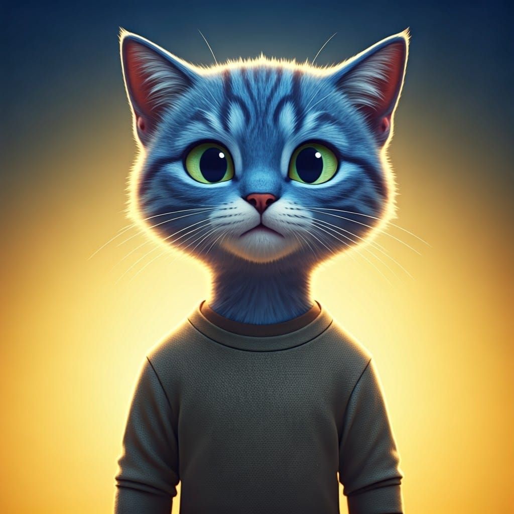 Worried Blue Cat in Shirt and Pants: 3D Render