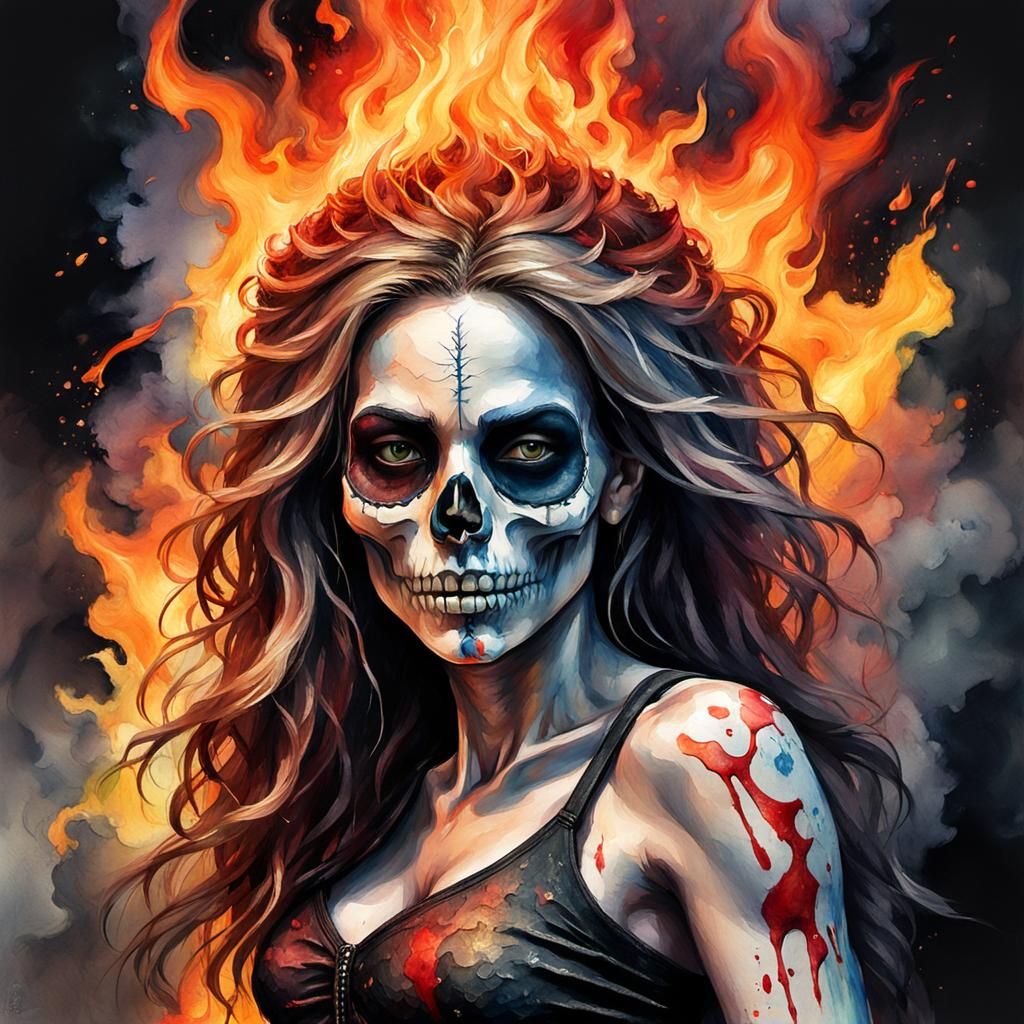 Grotesque Gothic Dancer with Skull on Fire
