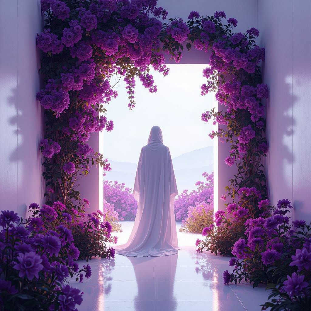 Futuristic Hallway Overgrown with Flowers in Dreamlike Style