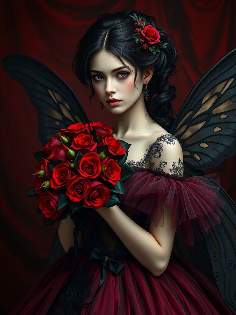Gothic Fairy Woman in Victorian Gown with Black Rose Bouquet