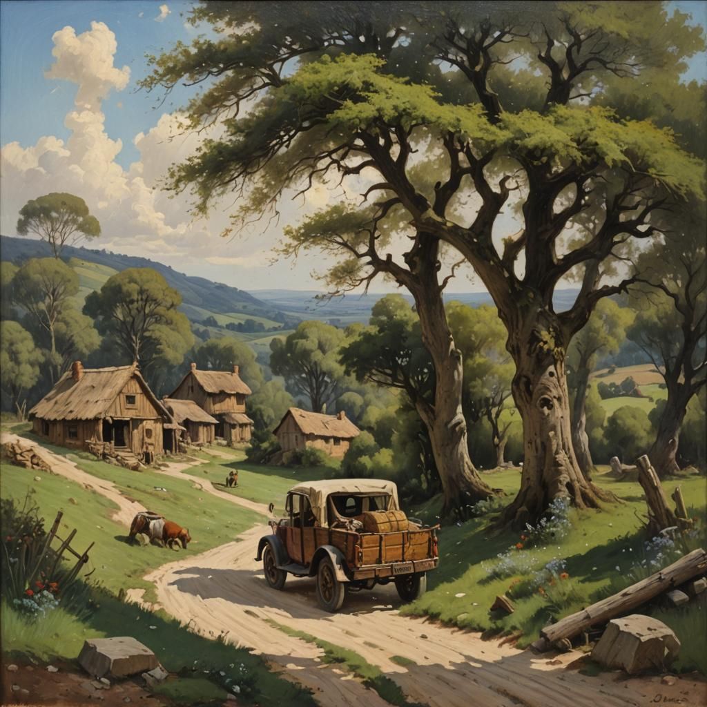 Landscape with Gypsy Wagon as Oil Painting