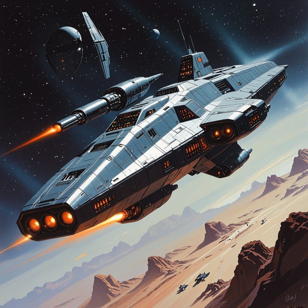Ominous Spaceship Navigating Dark Galaxy in Industrial Style