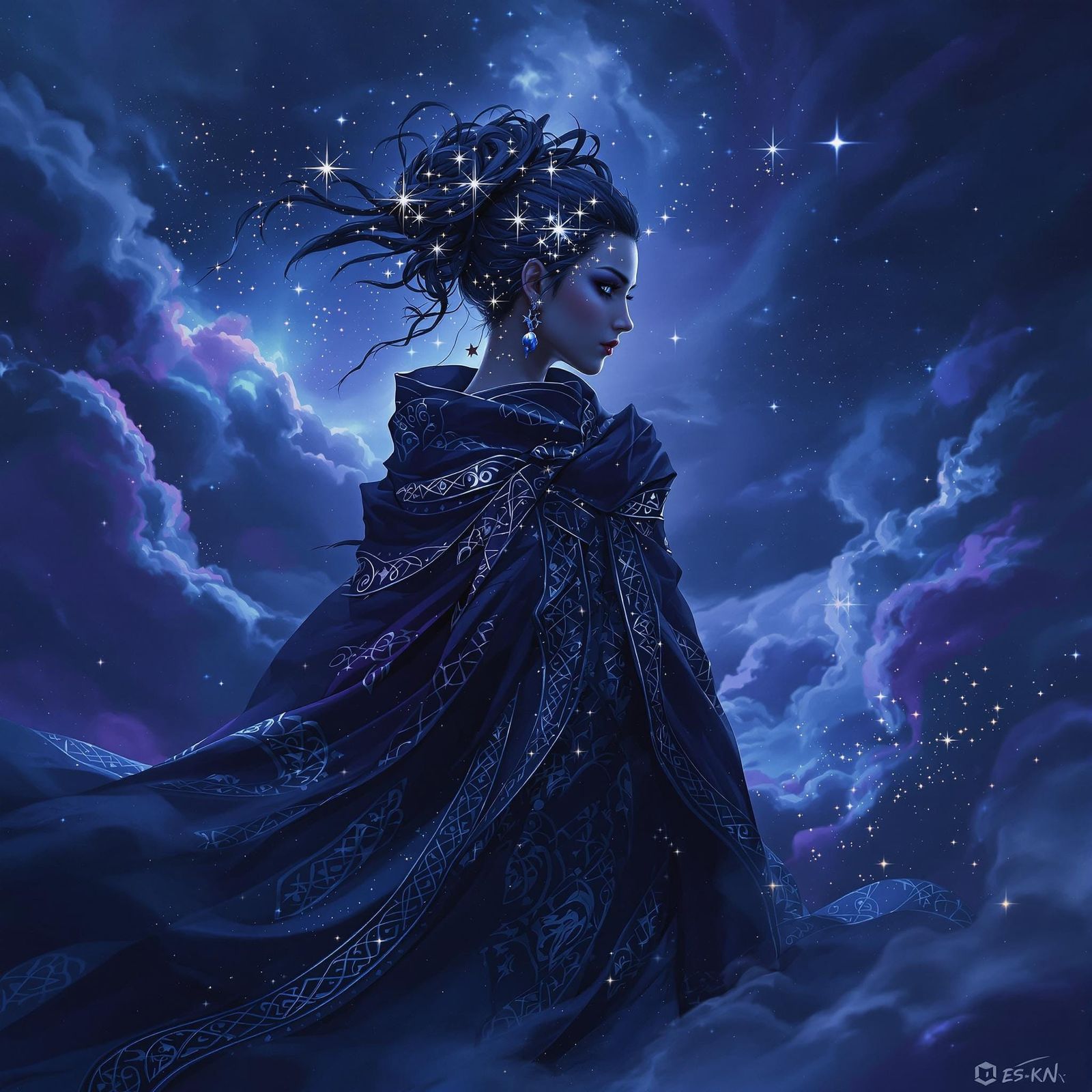 Goddess Nyx in Dreamlike Nightscape, Fantasy Concept Art