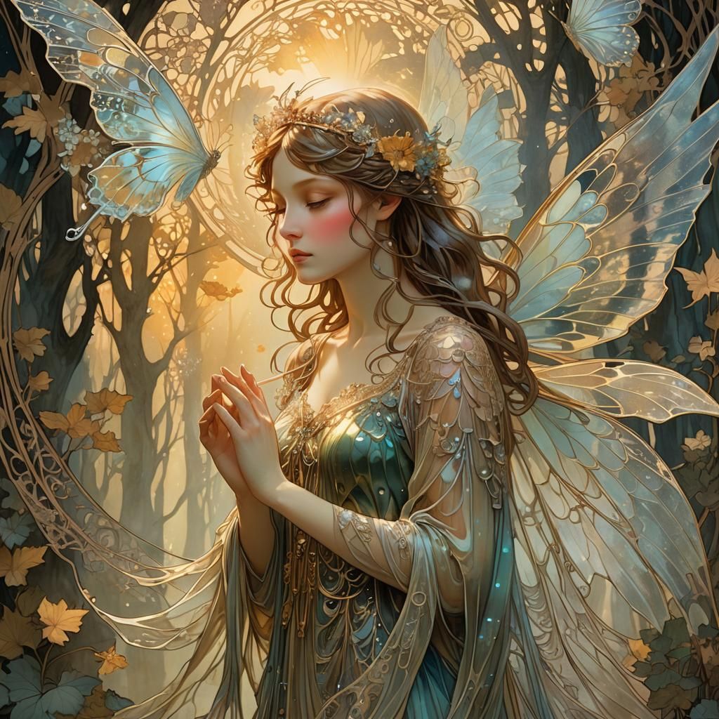 Ethereal Fairy with Lace Wings in Art Nouveau Style