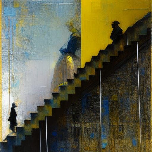 Figure Waiting on Stairs in Blue and Yellow Hues