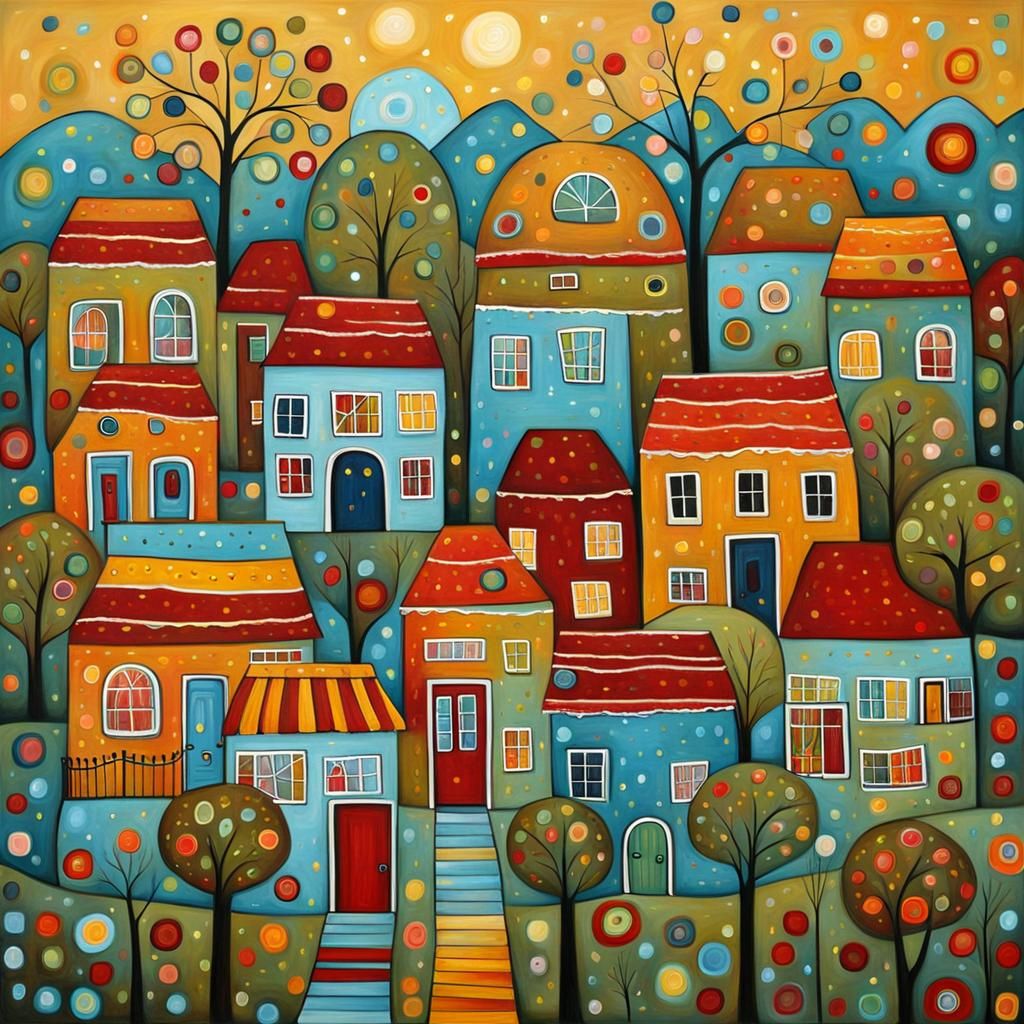 Colorful Folk Art Landscape Painting