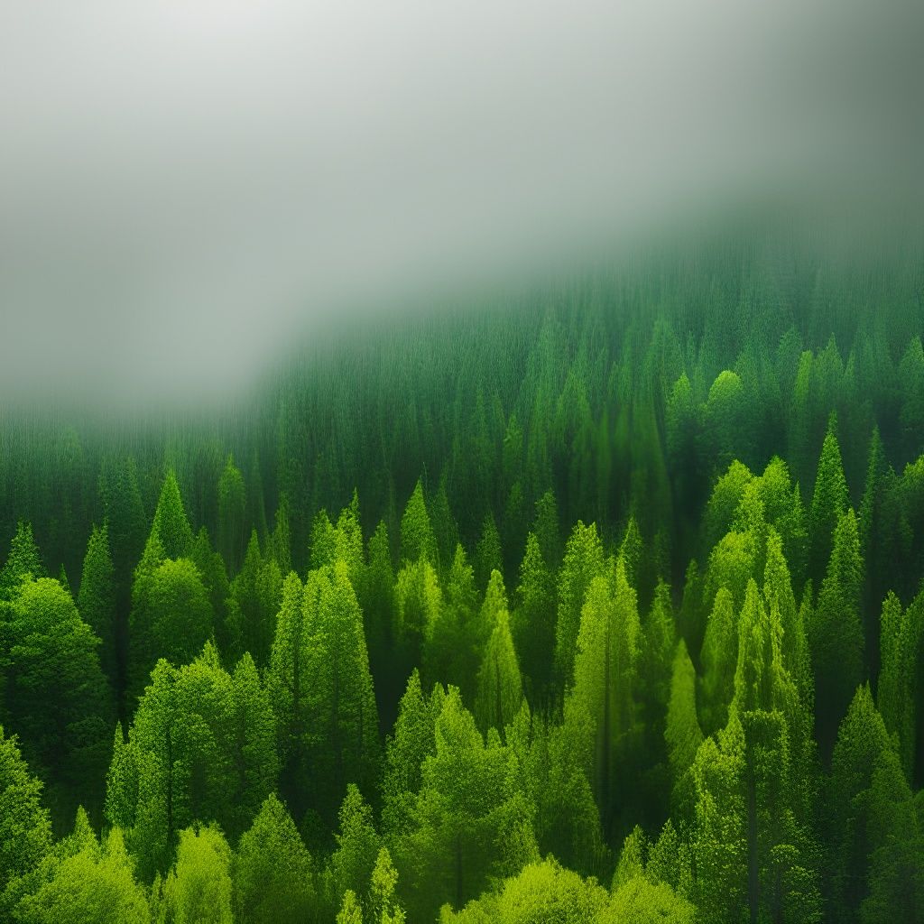Gloomy Green Forest Landscape with Misty Mountains