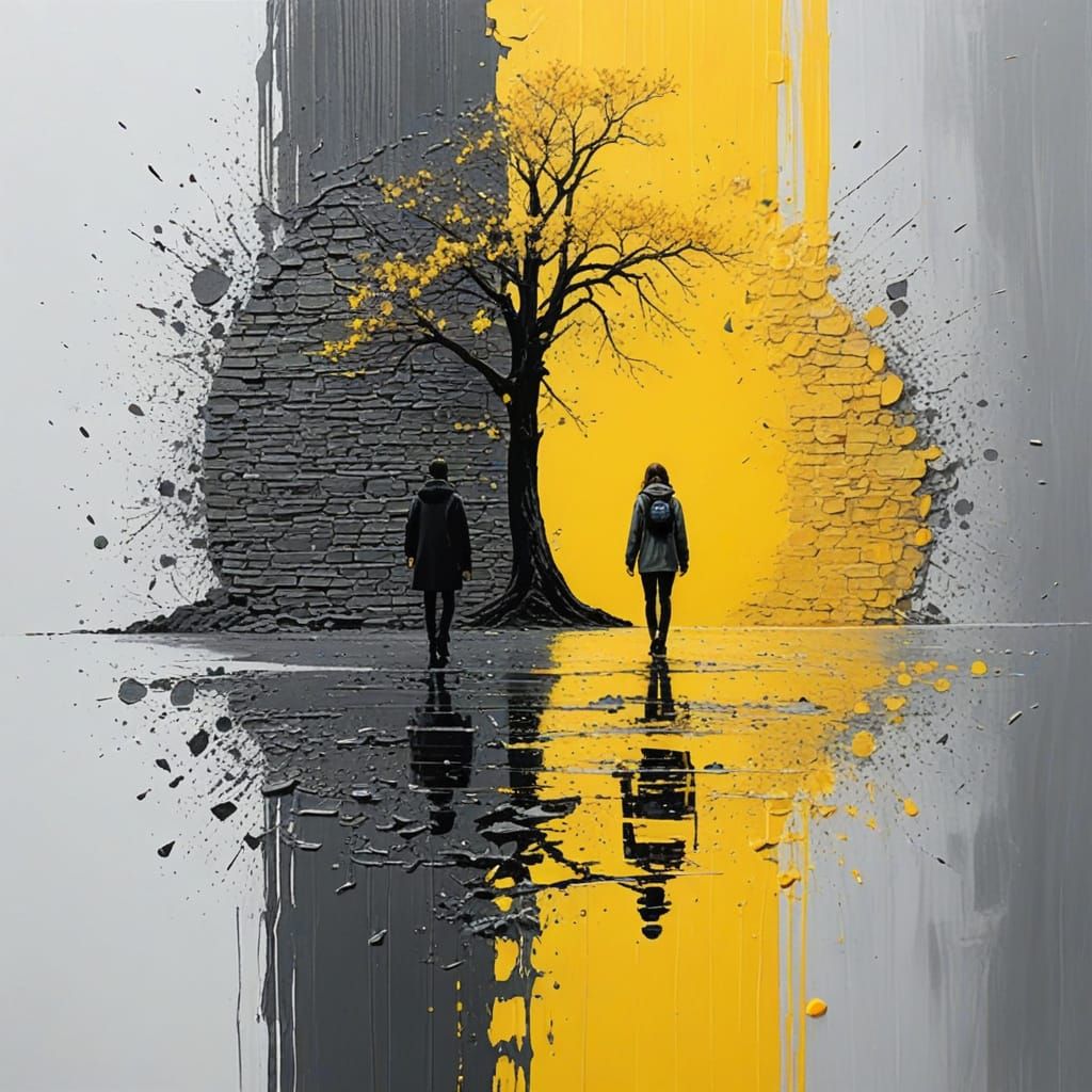 Figures in Contrast: Yellow Departure, Gray Stillness