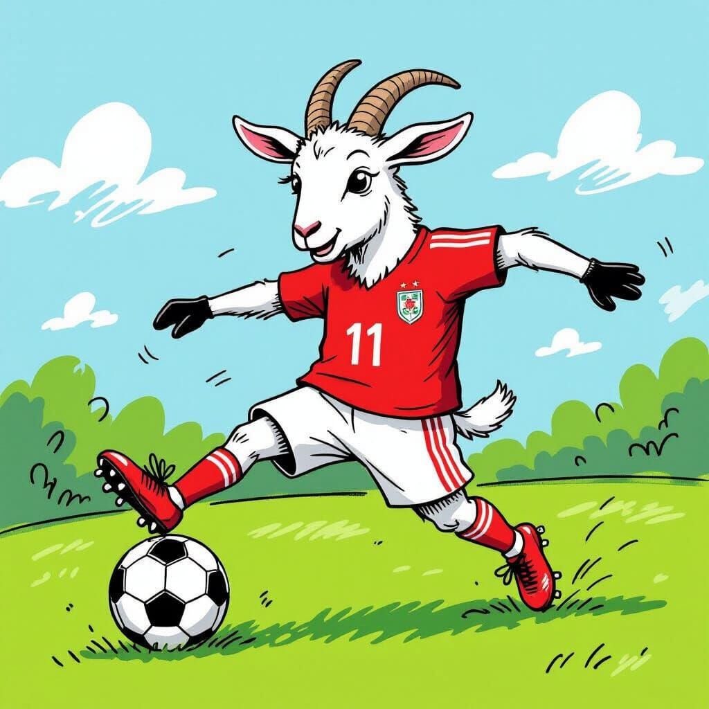 Goat Plays Soccer in Children's Book Style