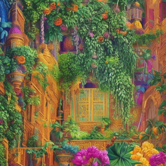 "Hanging gardens of Babylon seven wonders of the world  colorful hyperdetailed warm colors complementary colors hyperrea...