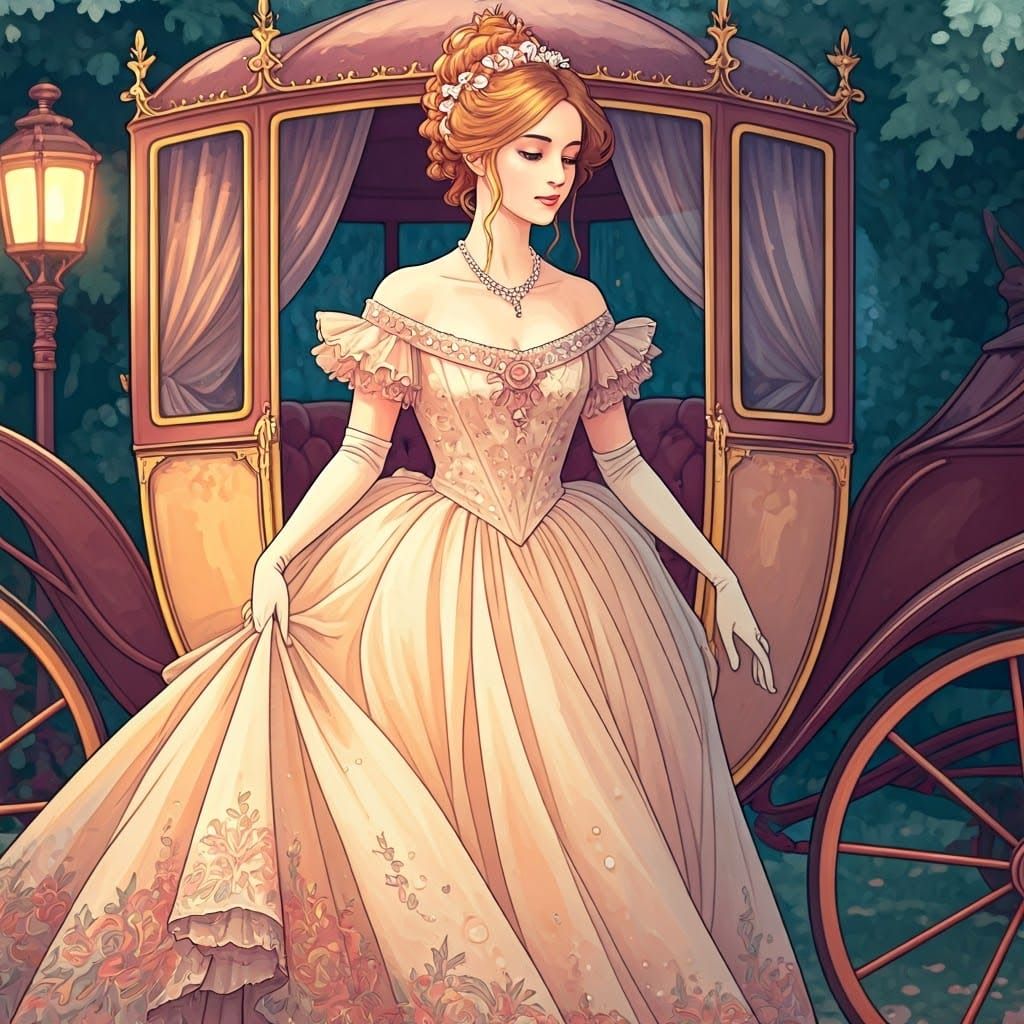 Victorian Woman in Moonlight, Alphonse Mucha Style