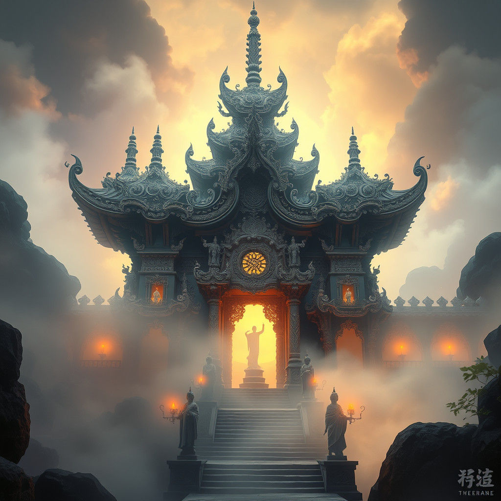Mystical Dagon Temple in Painterly Style
