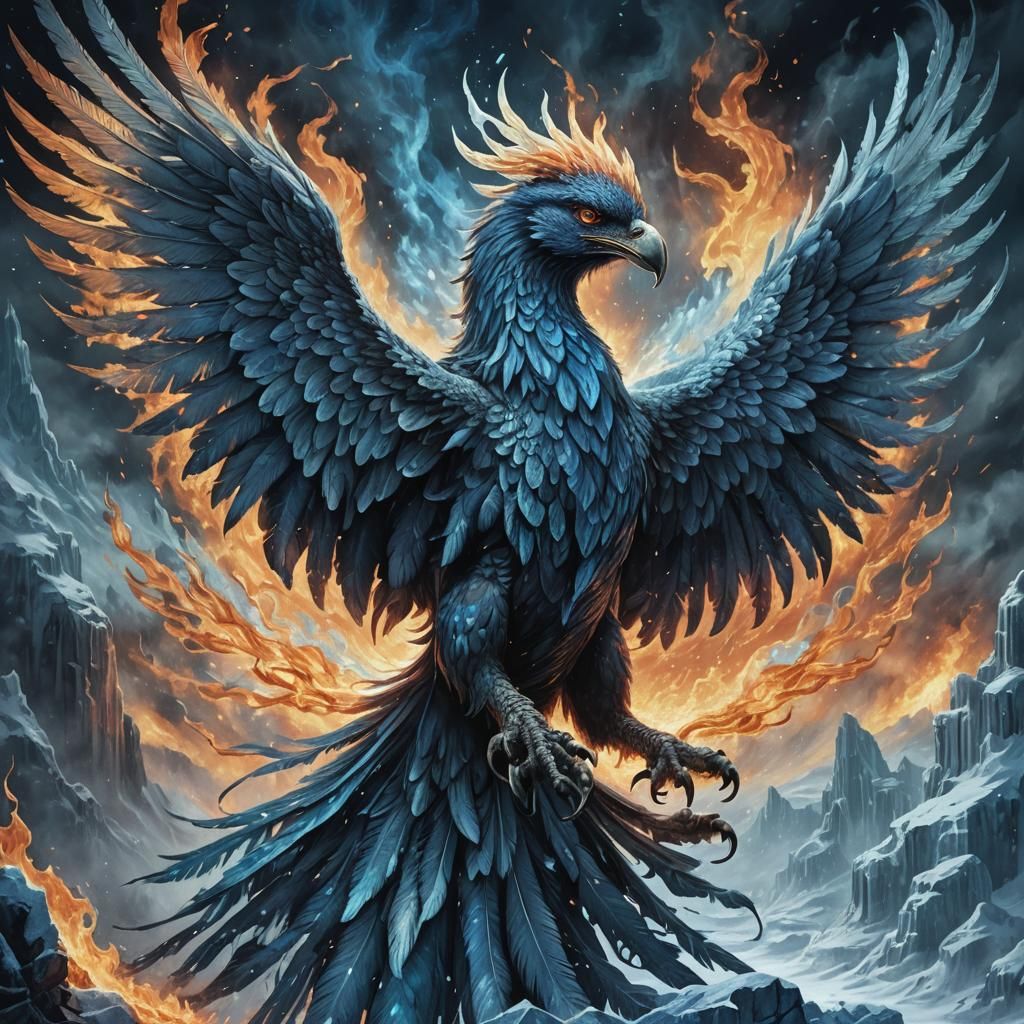 Glacial Phoenix Soaring in a Dark Fantasy Landscape