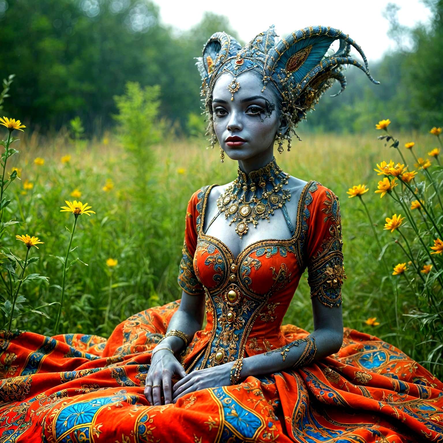 Kaleidoscopic Alien Conjurer in Eerie Meadow