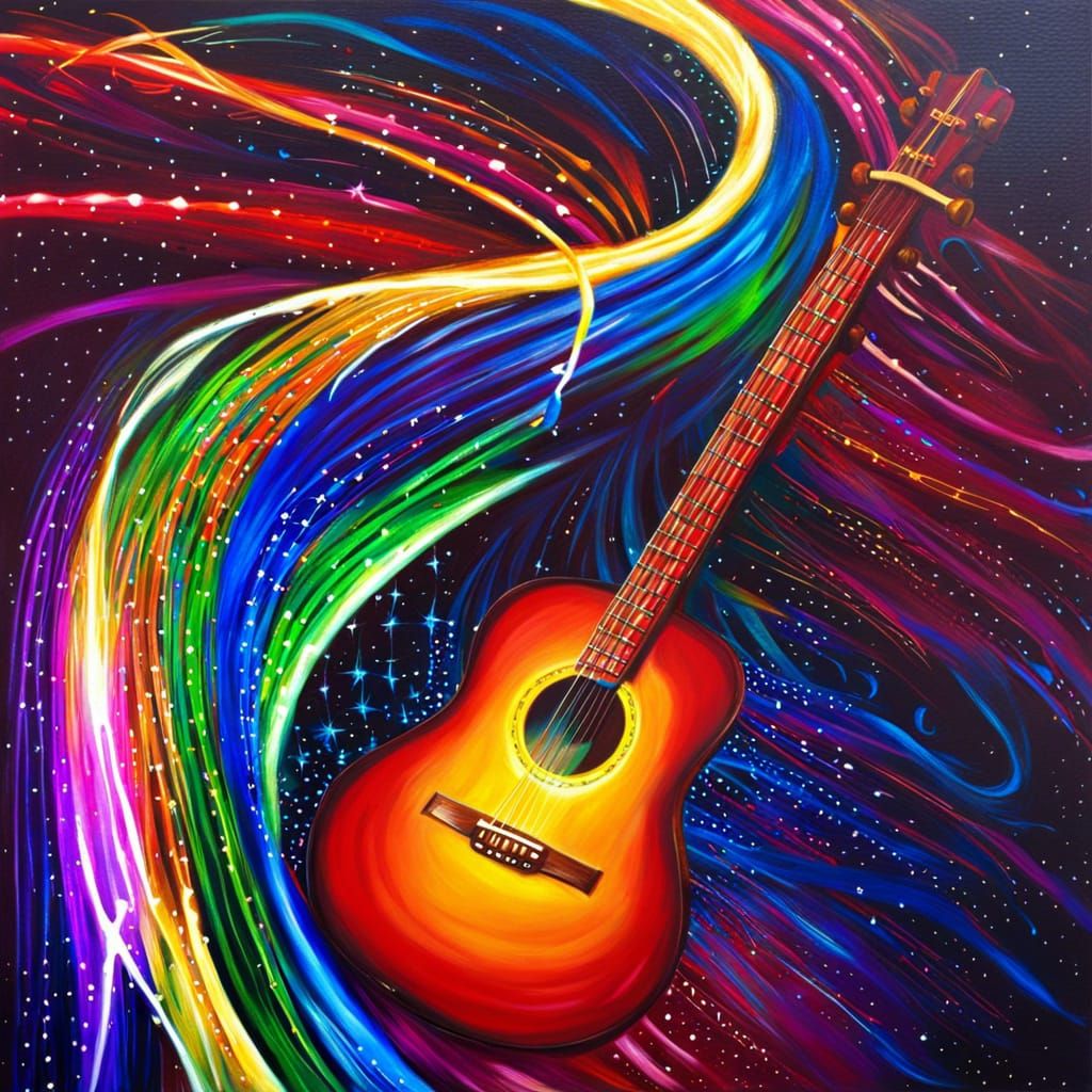 Magical Guitar: Colorful Oil Painting with Glowing Strings
