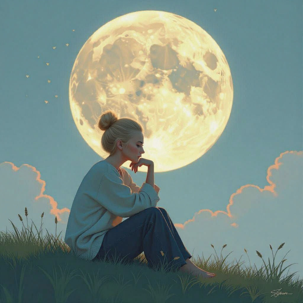 Contemplative Figure in Moonlight, Dreamy Art Style