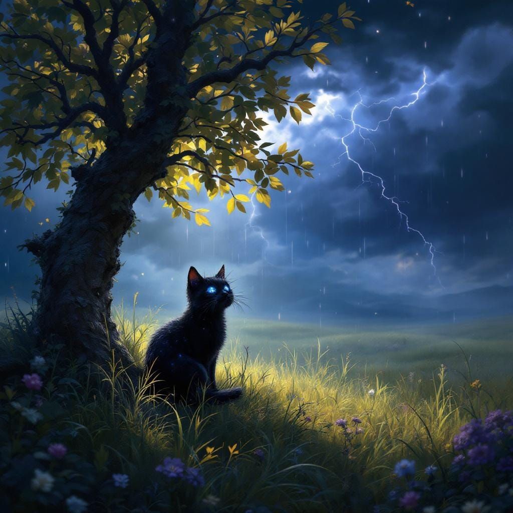 Black Cat with Galaxy Eyes in Stormy Field