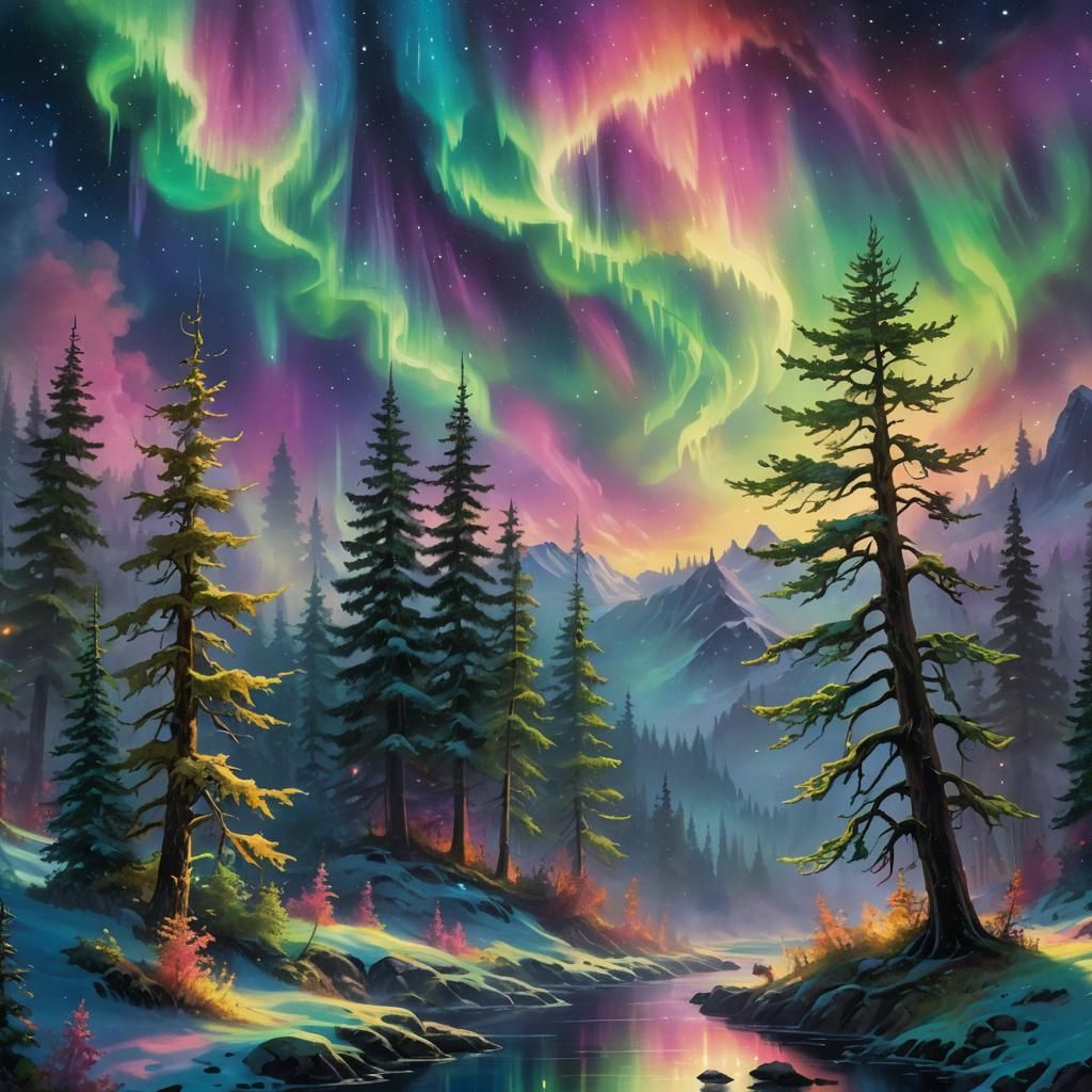 Mystical Forest: Northern Lights Fantasy Art