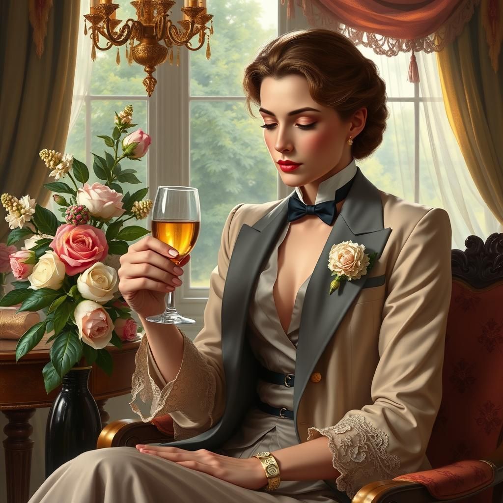 Elegant Connoisseur Admiring Wine in Opulent Salon