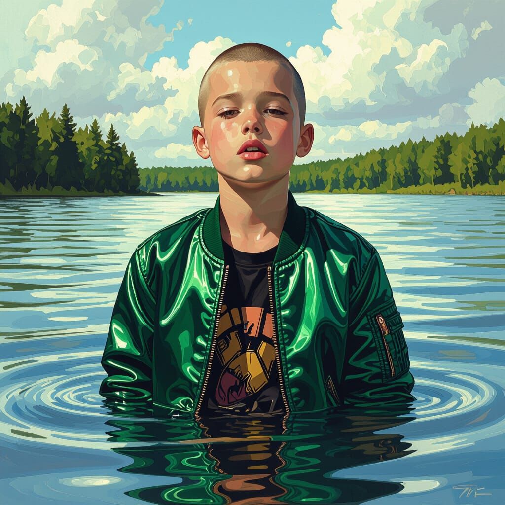 Punk Boy in Emerald Jacket Walks into Lake