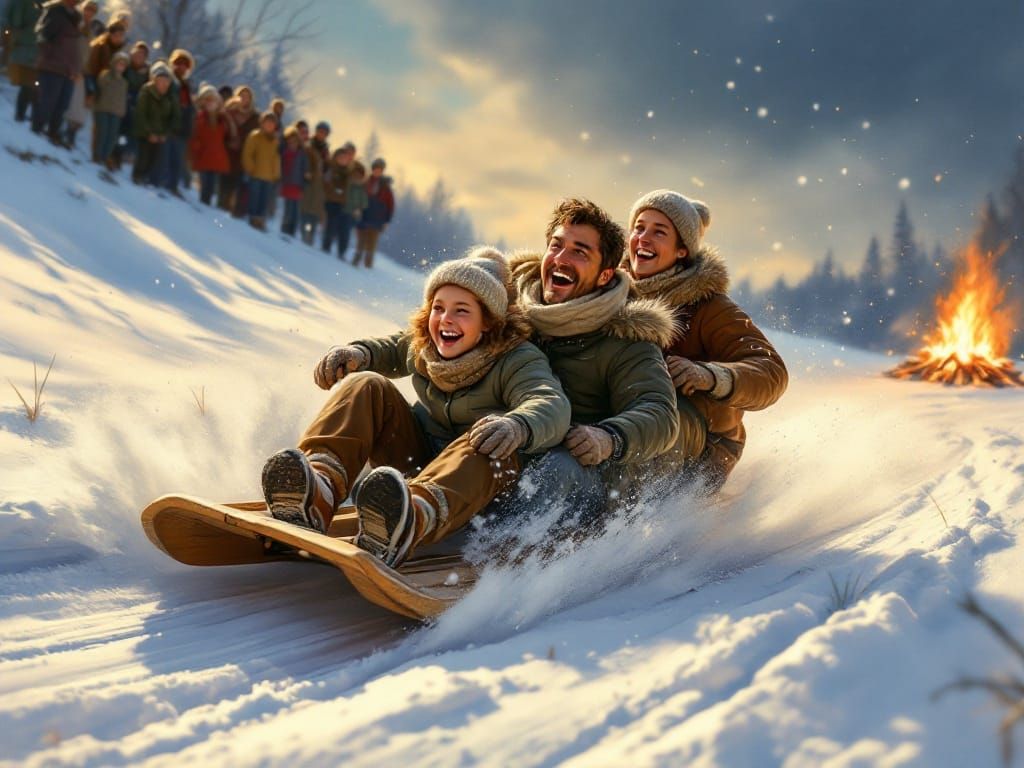 Joyful 1950s Family Toboggan Ride in Winter Wonderland