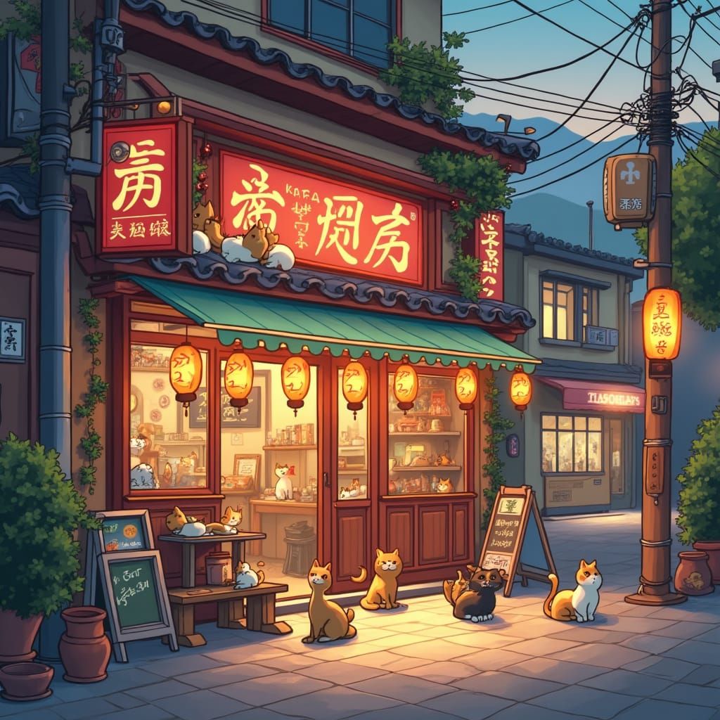 Korean Cafe Street Scene with Cats in Anime Style