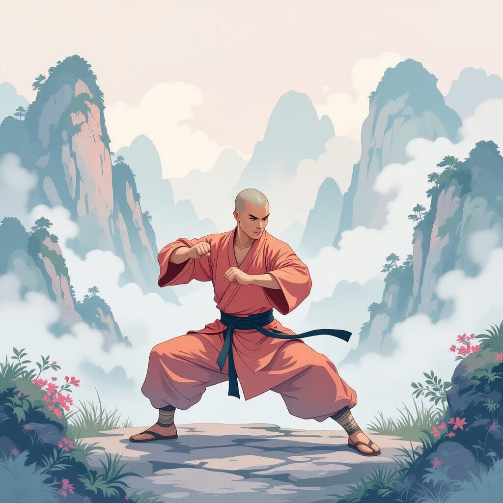 Shaolin Monk Kung Fu in Dreamy Watercolor Style