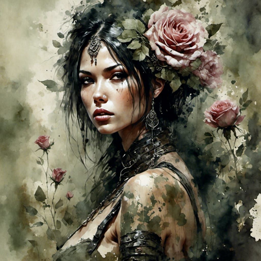 Exotic Warrior Woman in Antique Watercolor Style