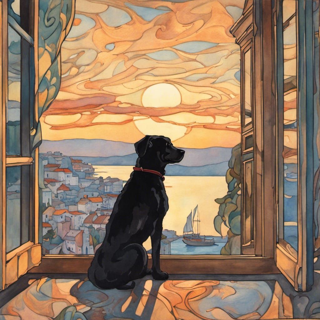 Art Nouveau Window with Harbour View at Dawn