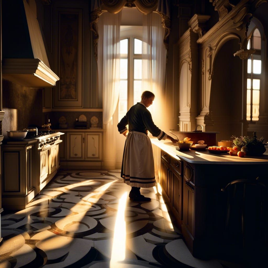 Baroque Mansion Kitchen with Cook Preparing Dinner