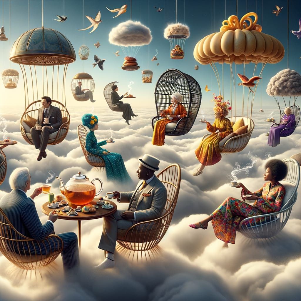 Whimsical Sky Tea Party with Diverse Guests