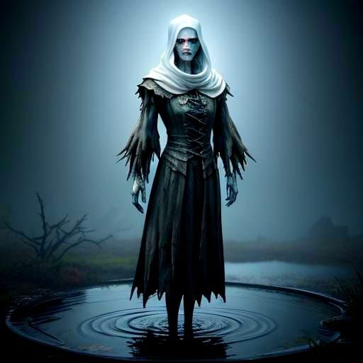 Eerie Female Wraith over Foggy Pond, 3D Digital Art