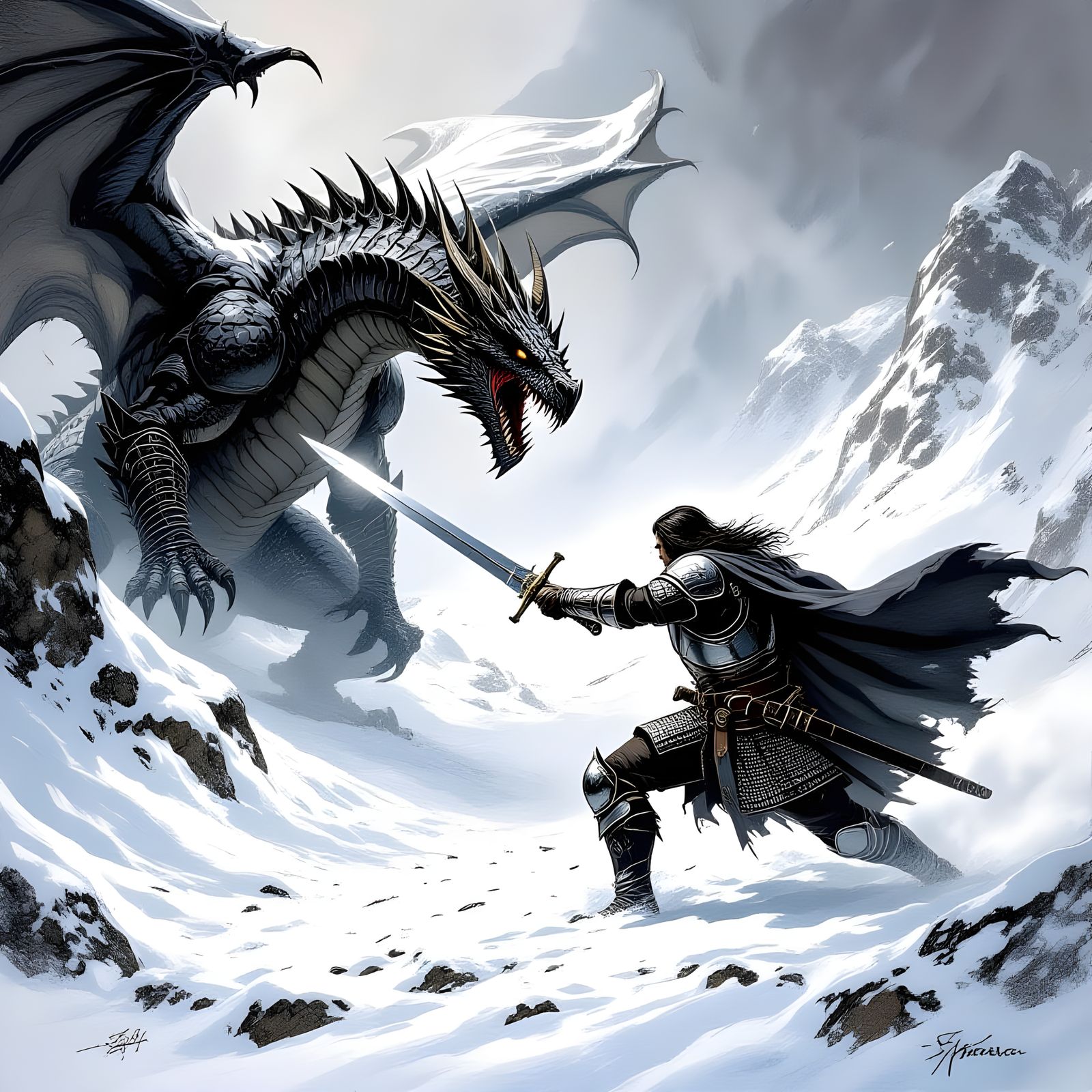 Warrior Fighting Ice Dragon in Charcoal Style