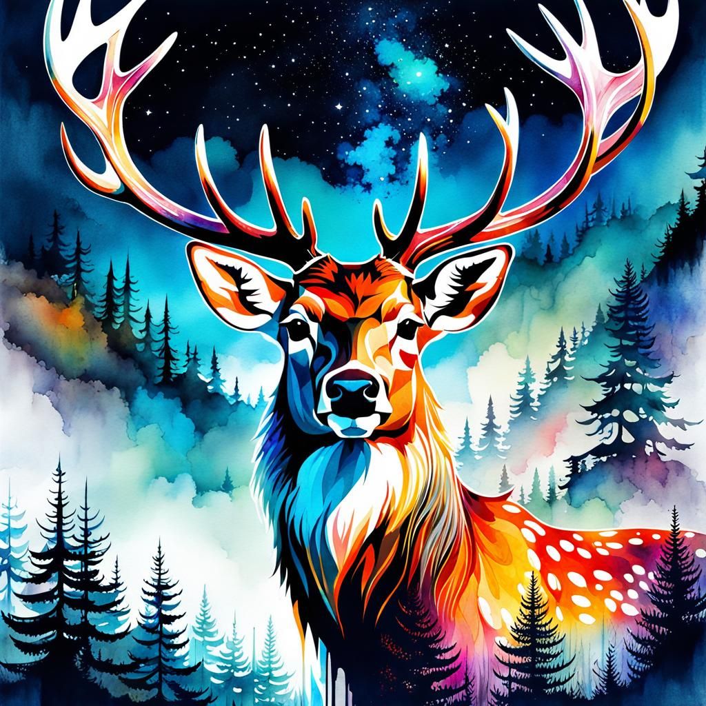 Fantasy Deer in Summer Night: Watercolor Illustration