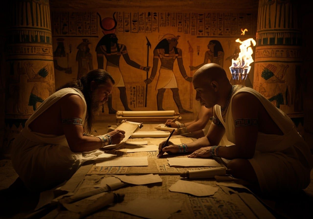 Egyptian Scribes Transcribing Hieroglyphs in Ancient Tomb