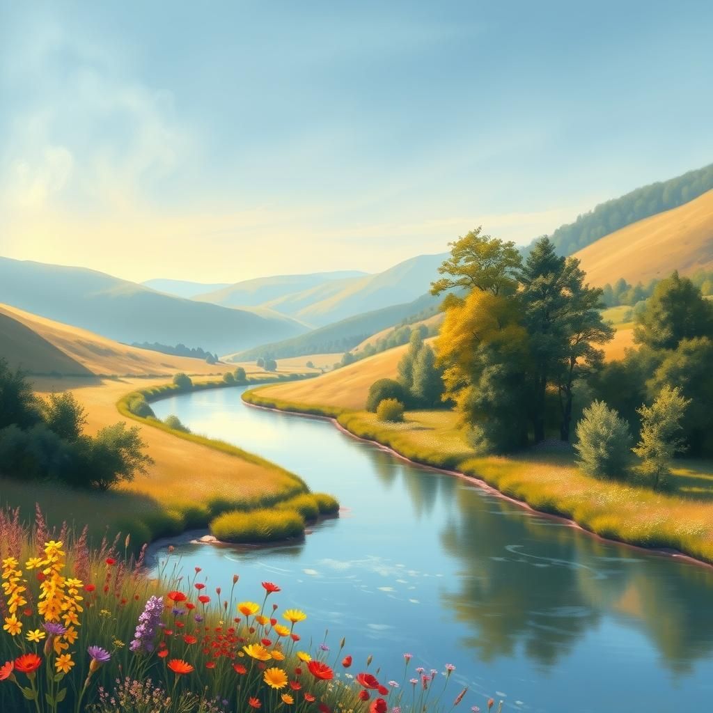 Impressionistic Landscape with Winding River and Wildflowers