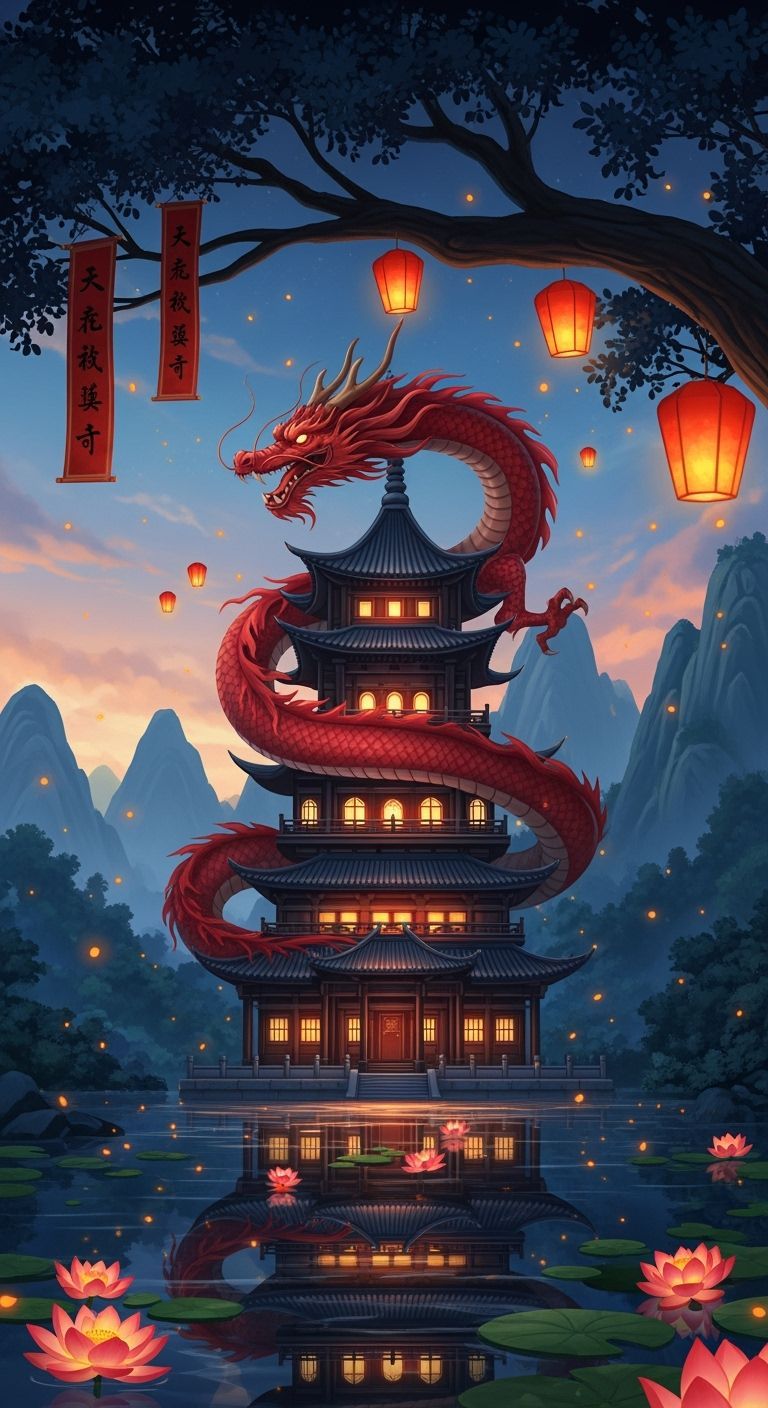 Crimson Dragon Coiled Around Night Pagoda