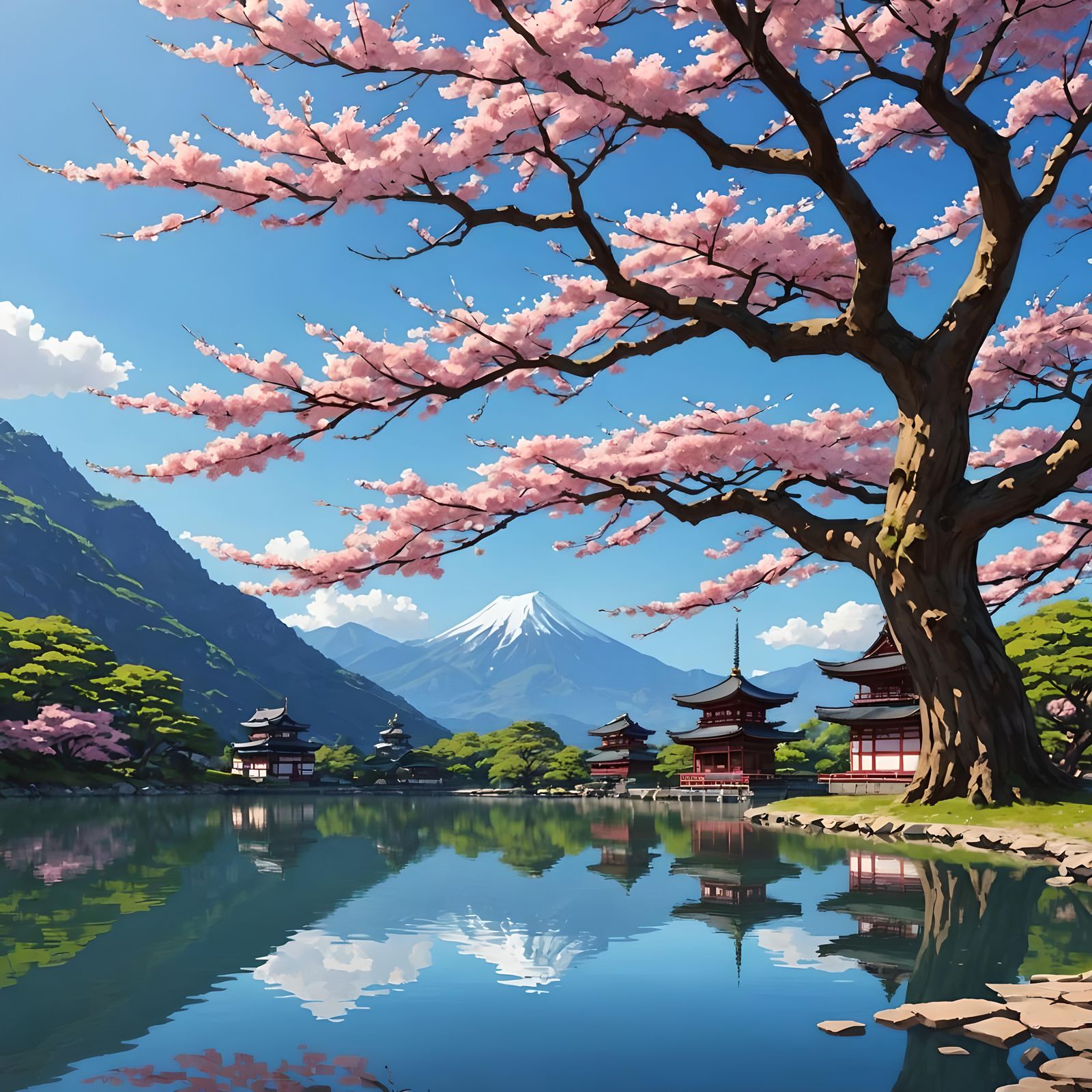Ancient Sakura Tree with Japanese Temples in Anime Style