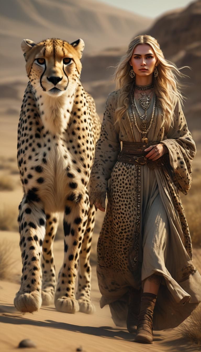 Slavic Girl and Giant Cheetah in Desert Landscape