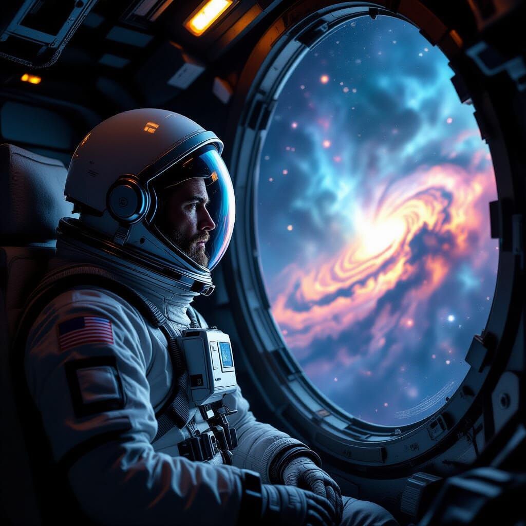 Astronaut Gazes at Nebula from Derelict Starship