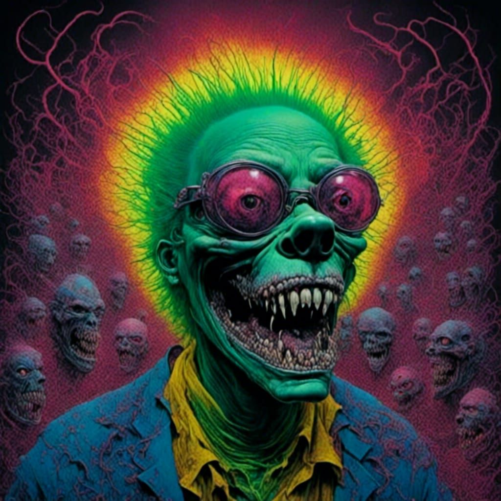 Neon Tie-Dye Dog with Unsettling Smile