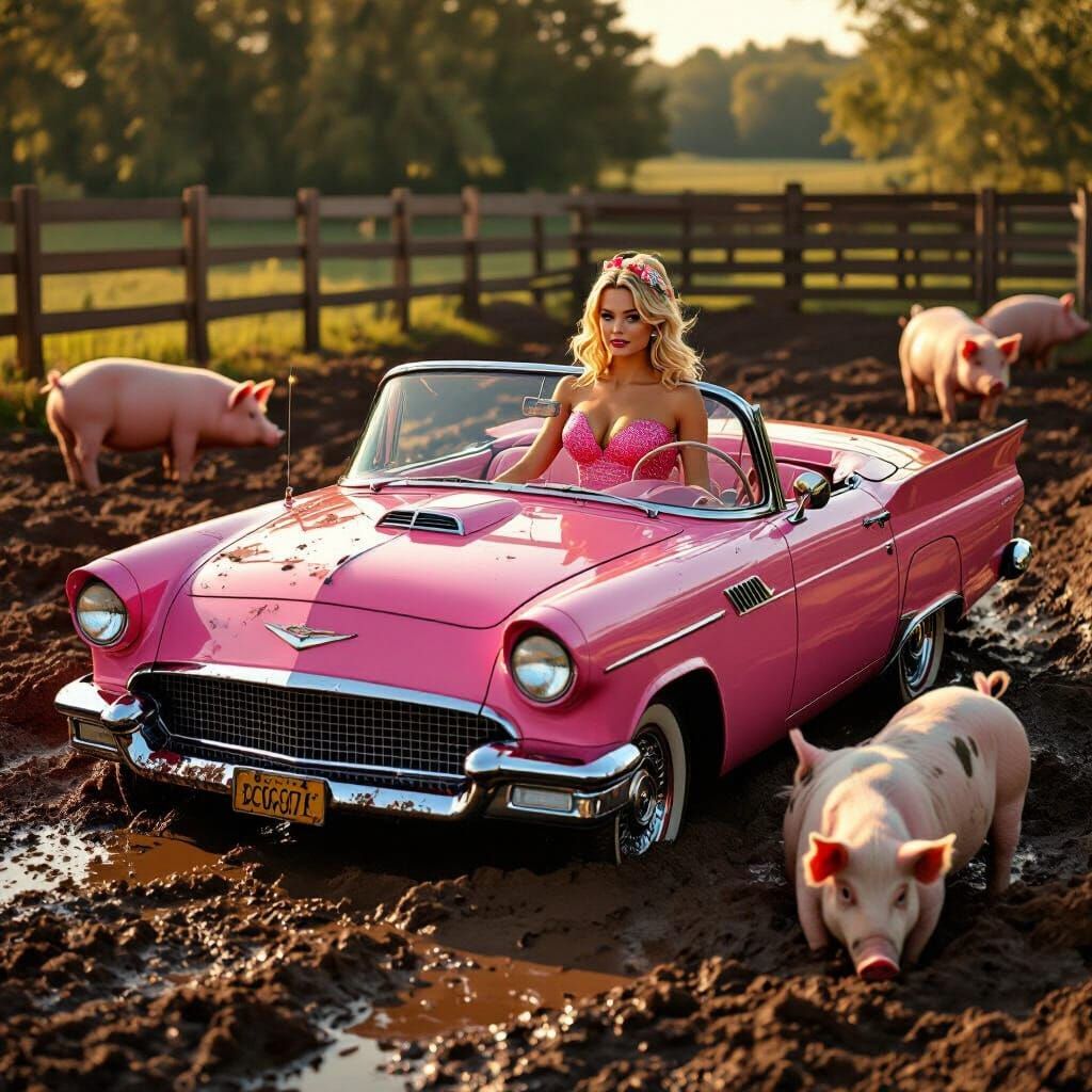 Margot Robbie's Pink Convertible Stuck in Muddy Pig Pen