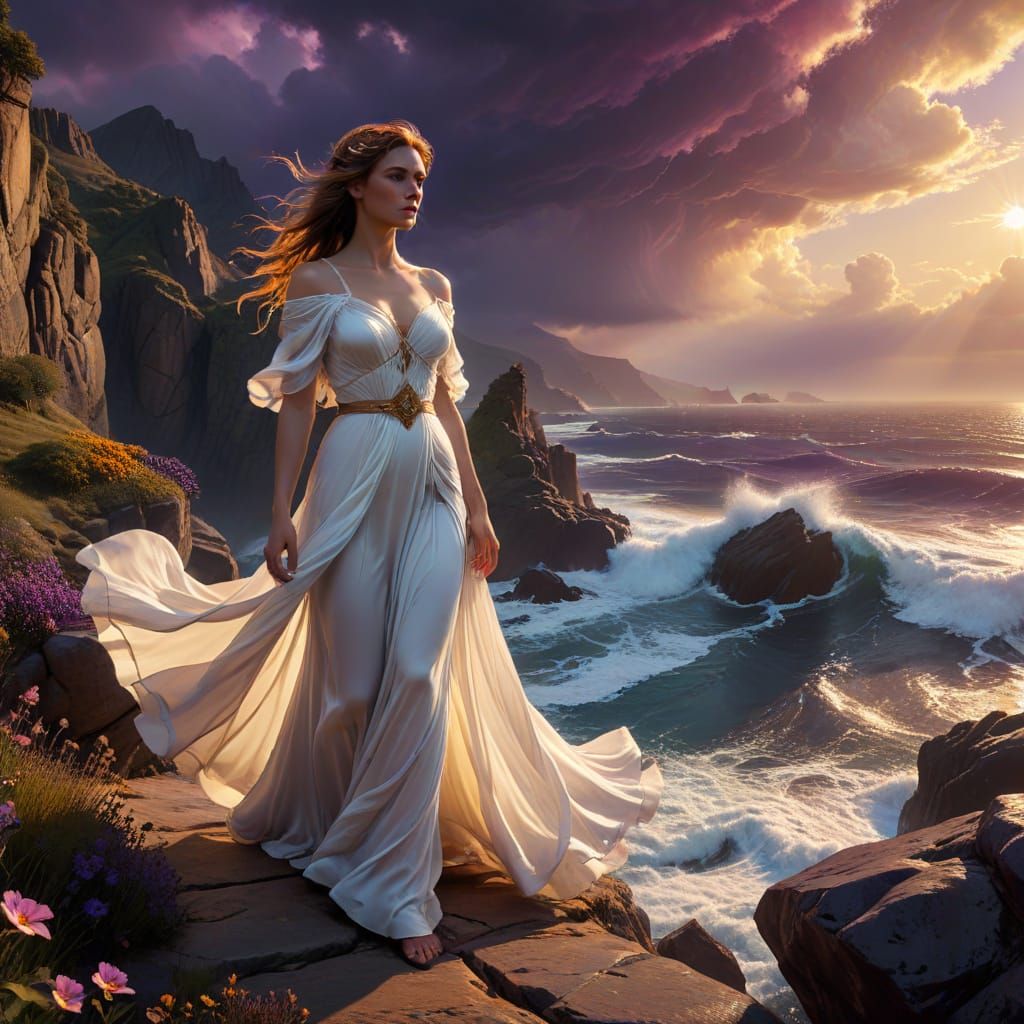 Ethereal Fantasy Maiden Amidst Turbulent Seascape in Vibrant...