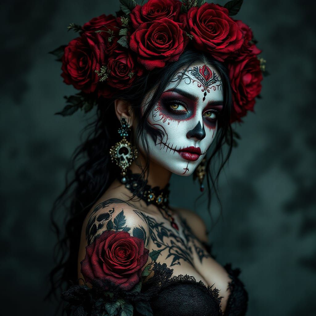 Sugar Skull Woman with Roses and Gothic Style Illustration